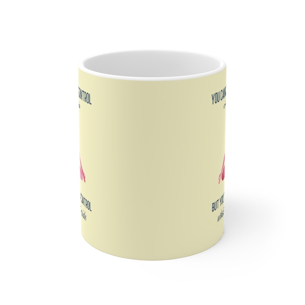 White ceramic mug with inspirational quote about mindfulness, perfect for coffee, tea, and hot chocolate.